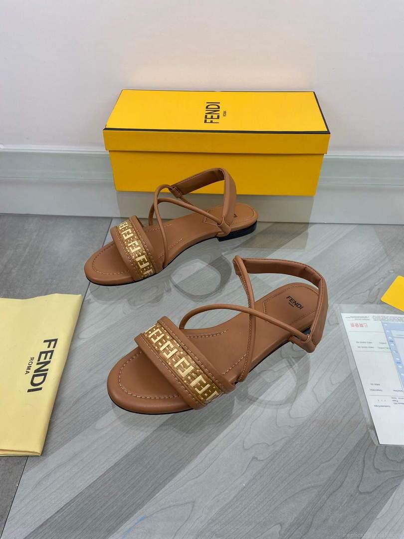 Fendi 8X8094 FF Interlace Leather Sandals Flats Shoes Brown