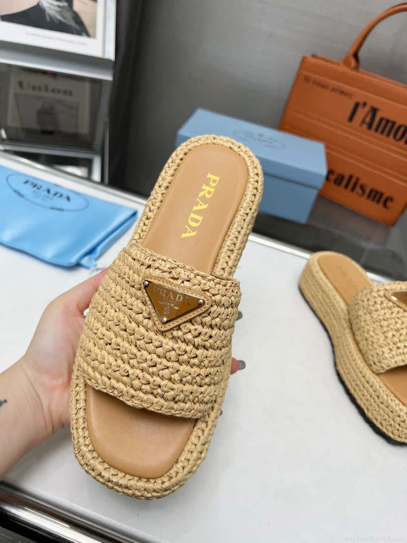 Prada 1XZ761 Crochet Flatform slides in Raffia