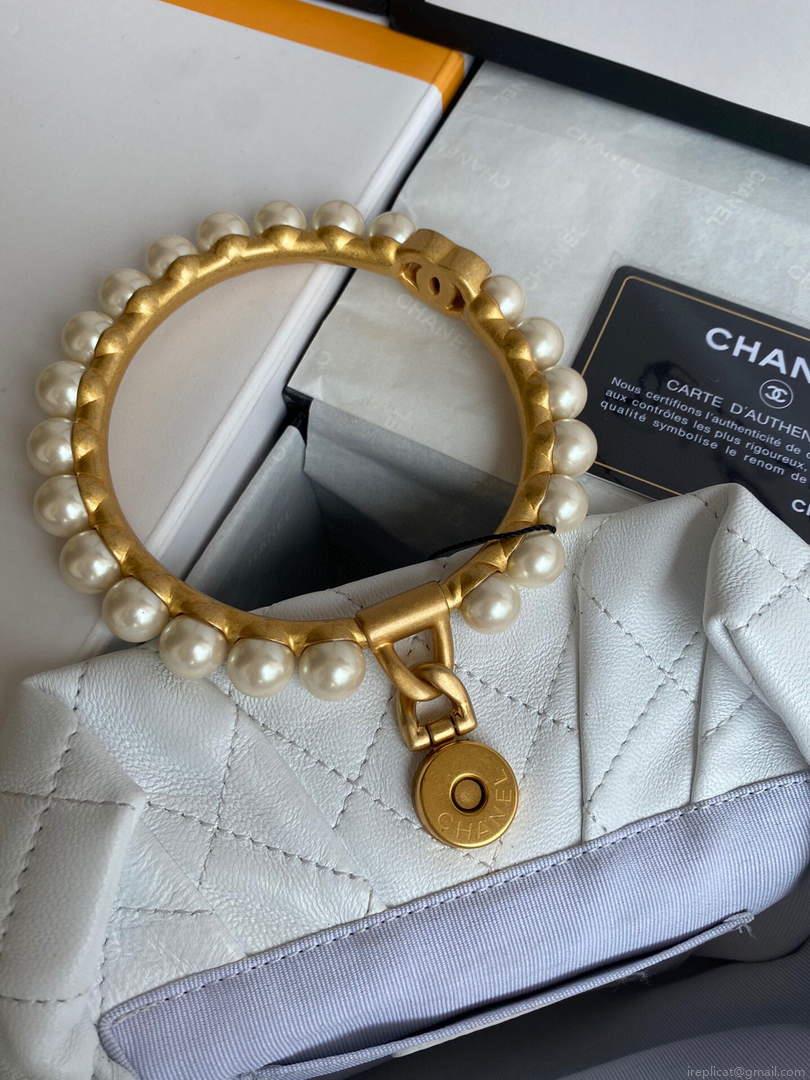 Chanel Women’s Bag Sheepskin Pearl Handle Evening Bag Handbag AS2609 White