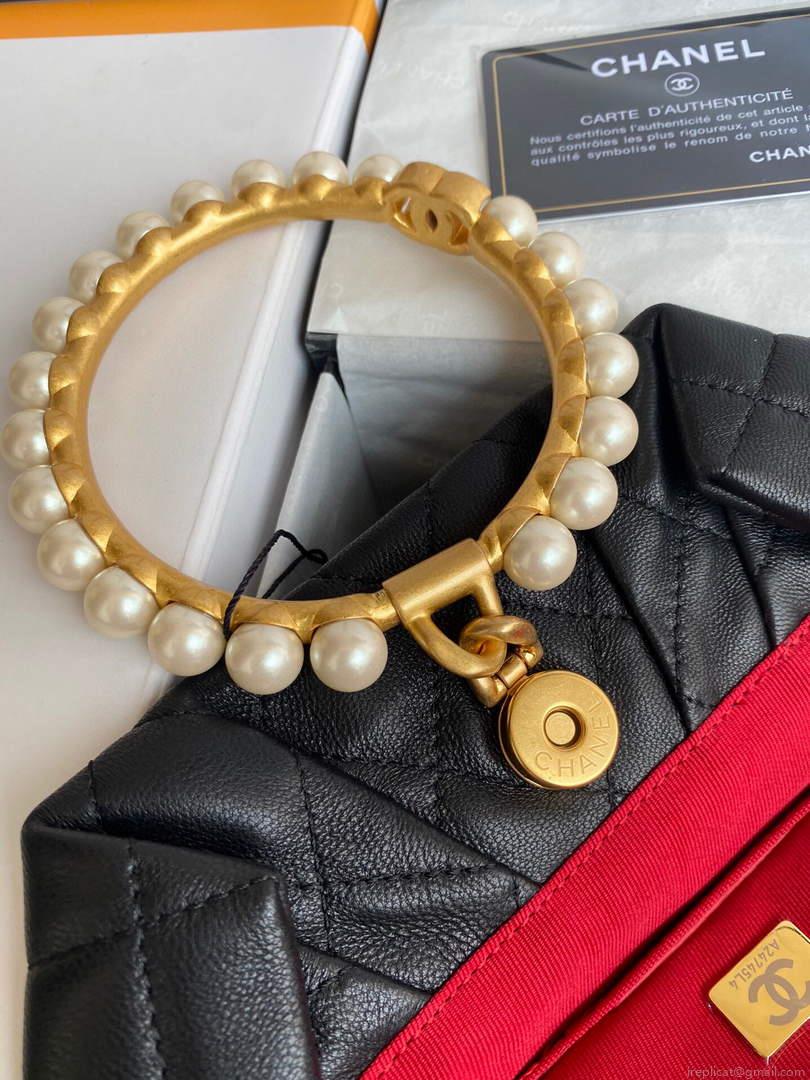 Chanel Women’s Bag Sheepskin Pearl Handle Evening Bag Handbag AS2609 Black