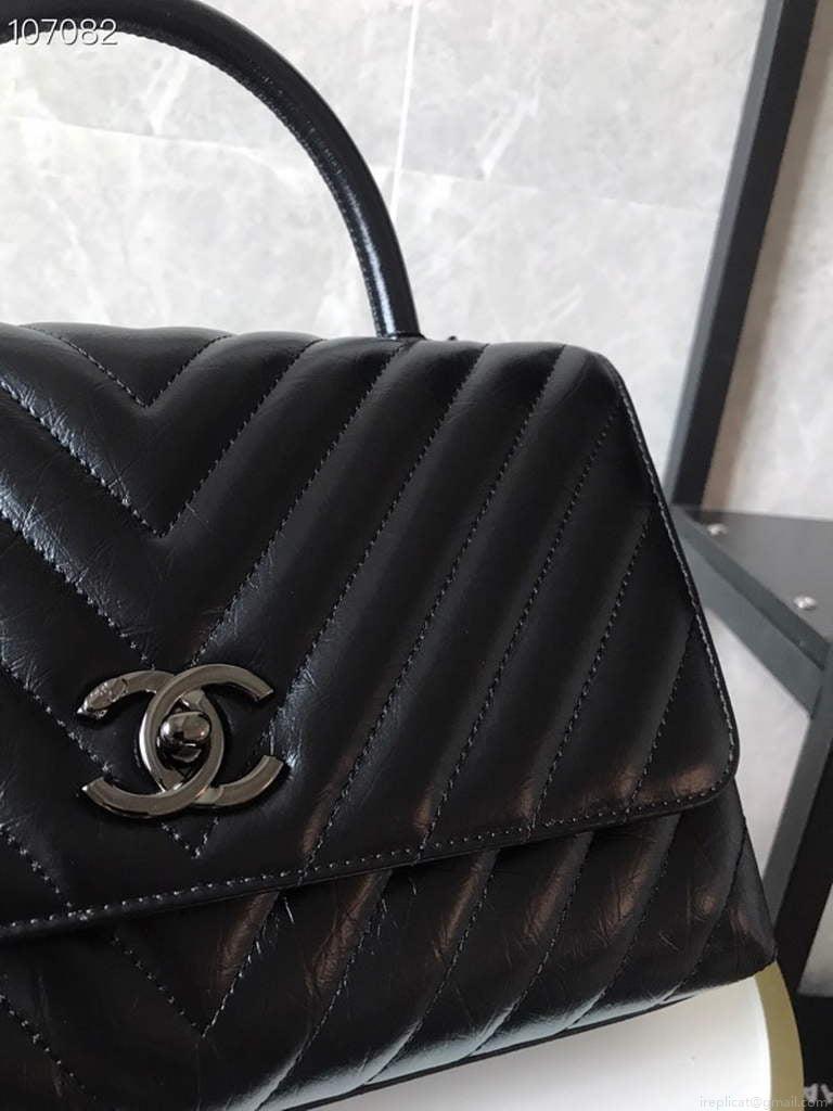 Chanel Large Top Handle Bag A92991 lambskin Black with Black Hardward