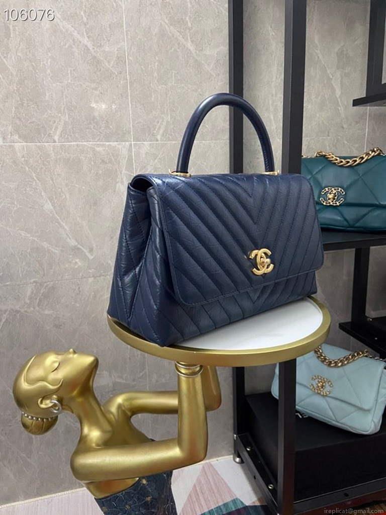 Chanel Large Top Handle Bag A92991 lambskin V gird Navy Blue Gold