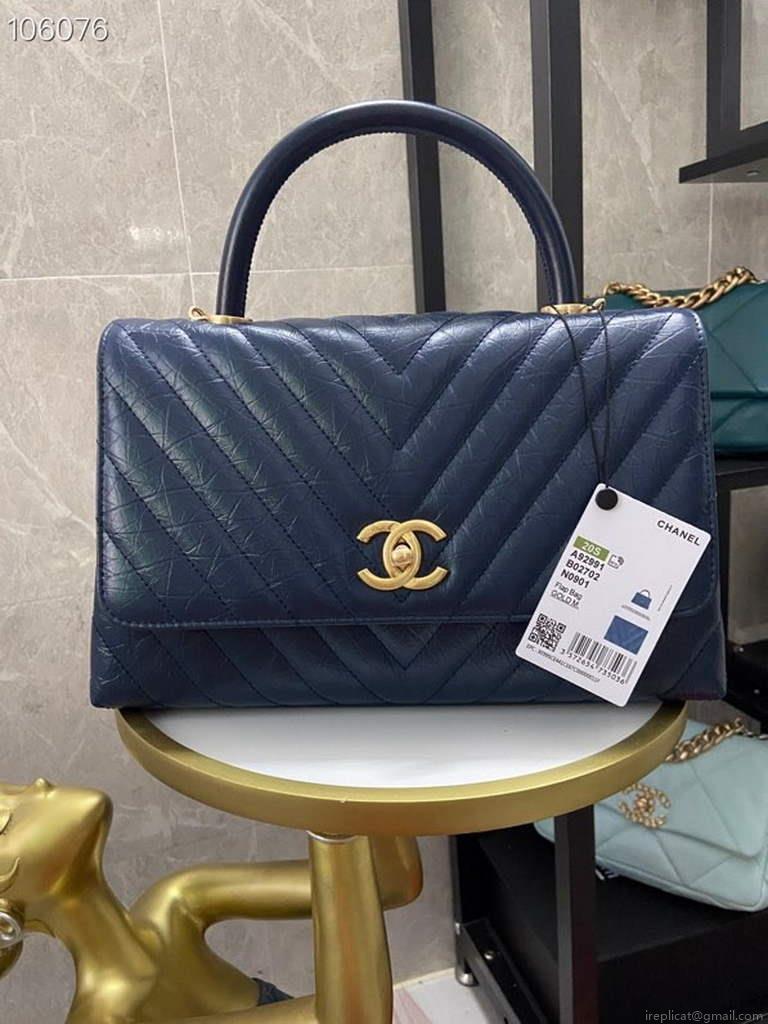 Chanel Large Top Handle Bag A92991 lambskin V gird Navy Blue Gold