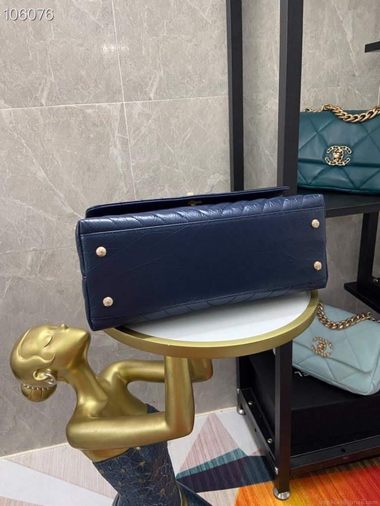 Chanel Large Top Handle Bag A92991 lambskin V gird Navy Blue Gold