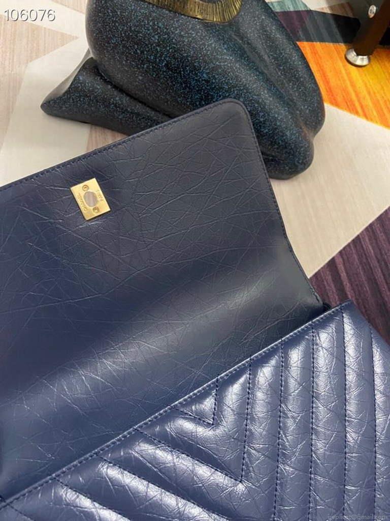 Chanel Large Top Handle Bag A92991 lambskin V gird Navy Blue Gold