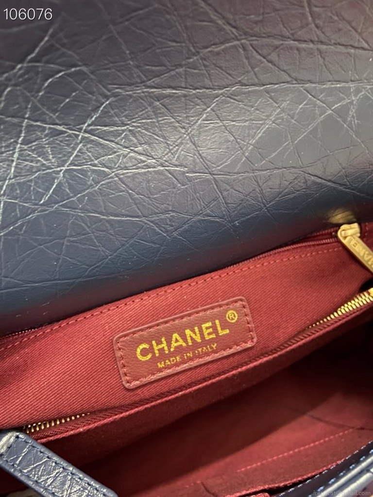 Chanel Large Top Handle Bag A92991 lambskin V gird Navy Blue Gold