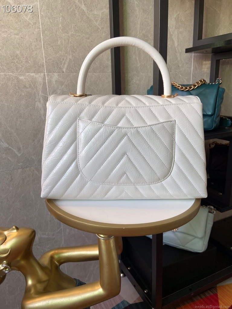 Chanel Large Top Handle Bag A92991 lambskin V gird White Gold