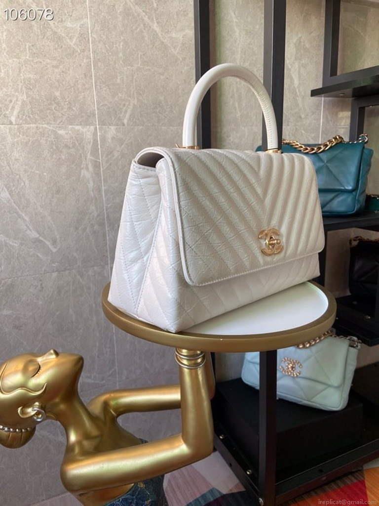 Chanel Large Top Handle Bag A92991 lambskin V gird White Gold