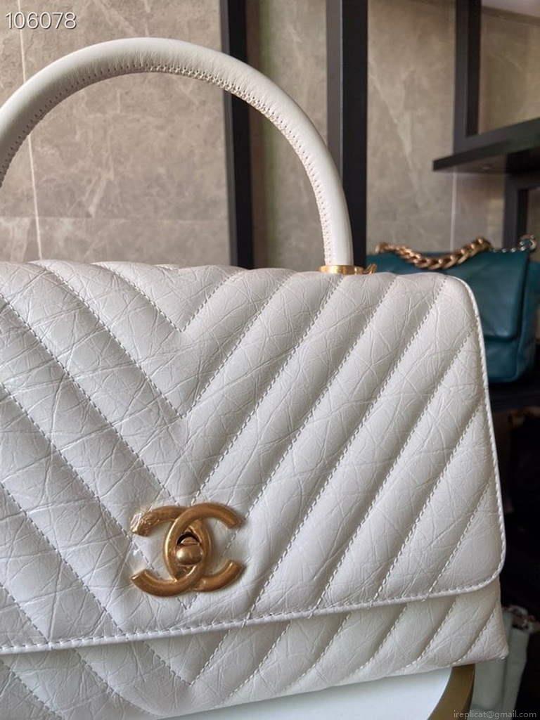 Chanel Large Top Handle Bag A92991 lambskin V gird White Gold
