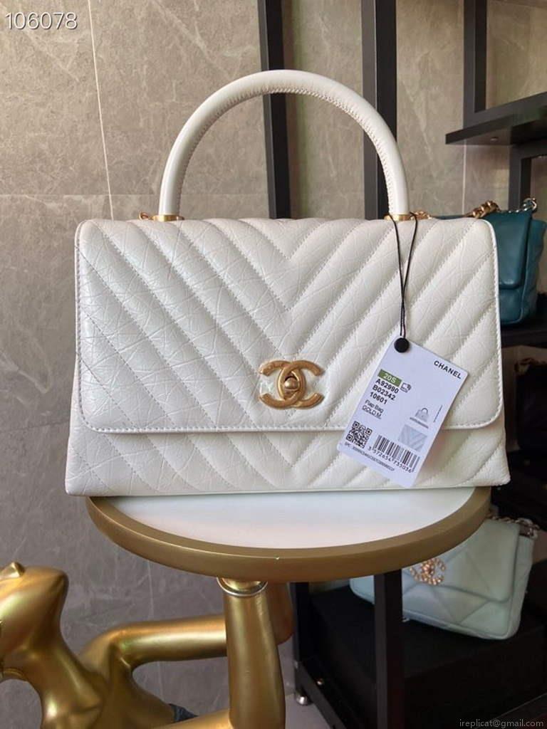 Chanel Large Top Handle Bag A92991 lambskin V gird White Gold