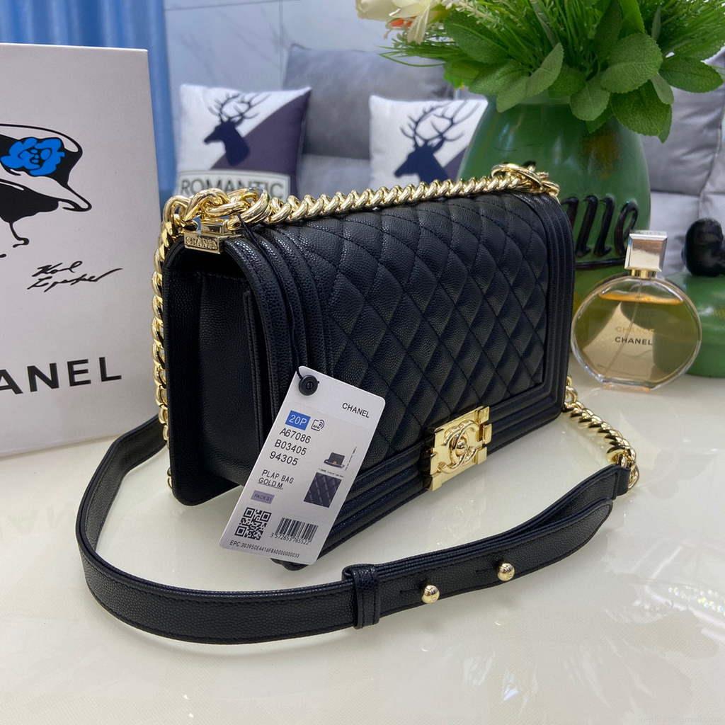 Chanel A67086 Boy Handbag Black Leather Light Gold