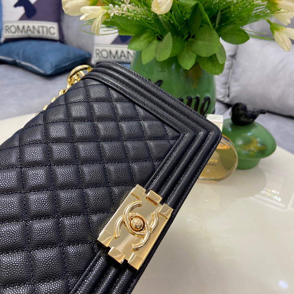 Chanel A67086 Boy Handbag Black Leather Light Gold