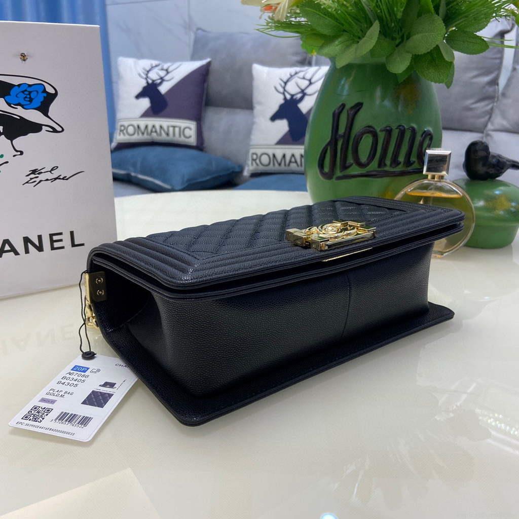 Chanel A67086 Boy Handbag Black Leather Light Gold