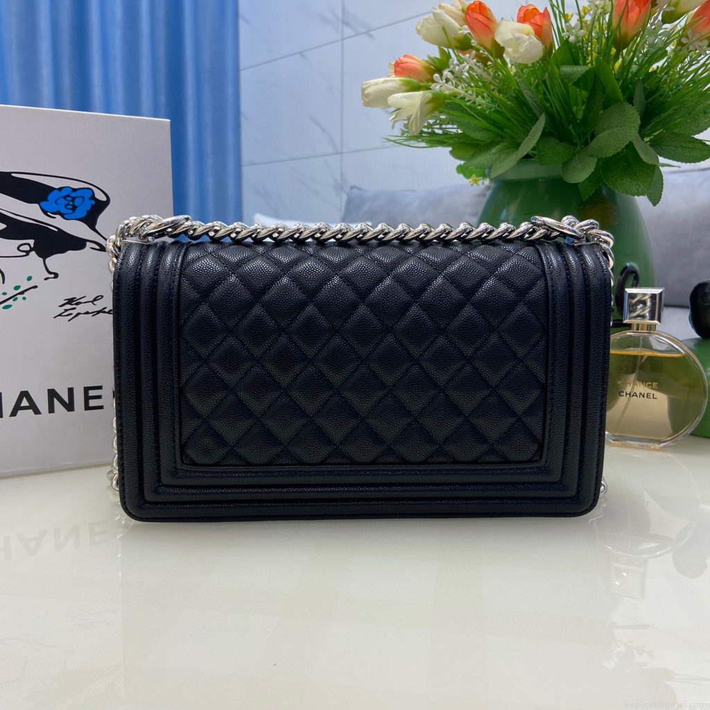Chanel A67086 Boy Handbag Black Leather Silver