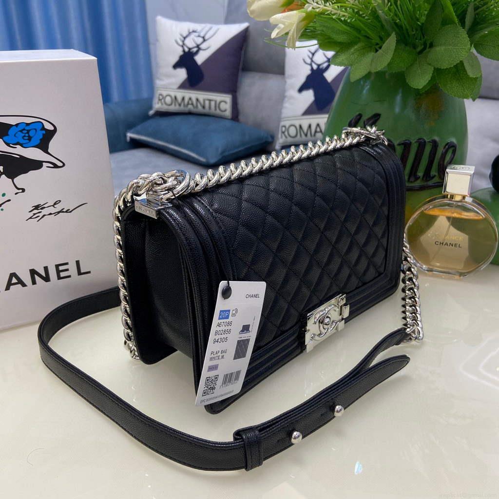 Chanel A67086 Boy Handbag Black Leather Silver