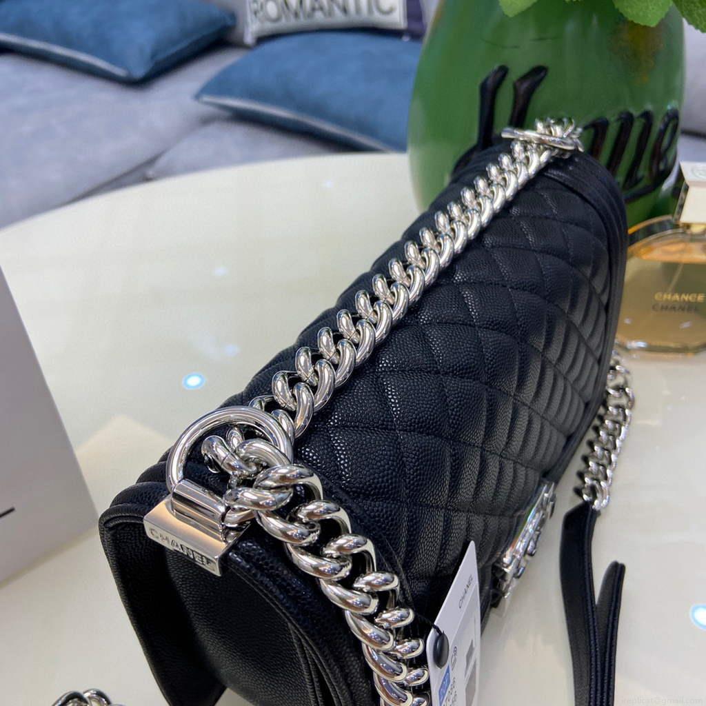 Chanel A67086 Boy Handbag Black Leather Silver