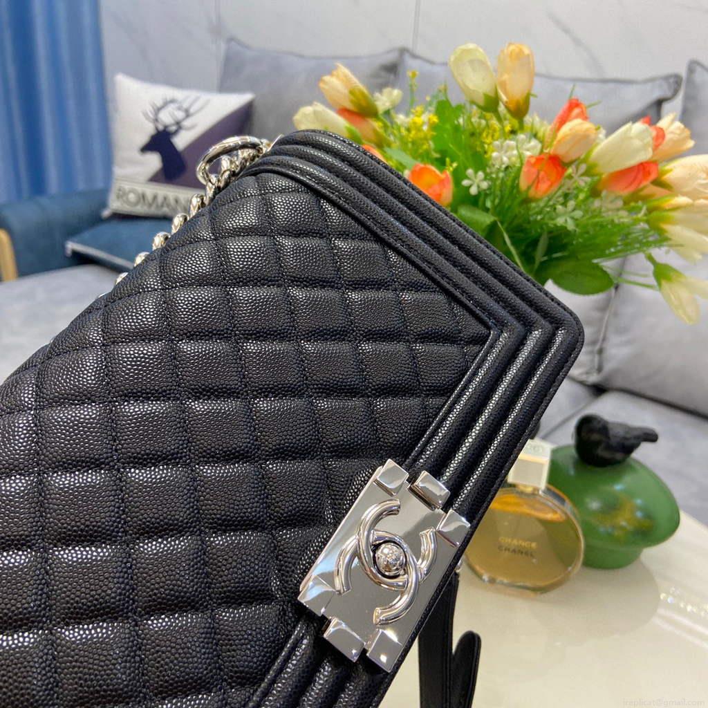 Chanel A67086 Boy Handbag Black Leather Silver