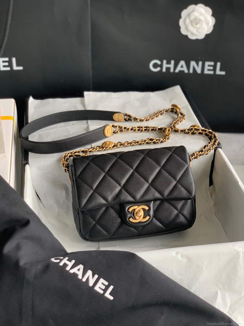 Chanel Small Flap Bag Shiny Calfskin Gold-Tone Metal AS3369 Black