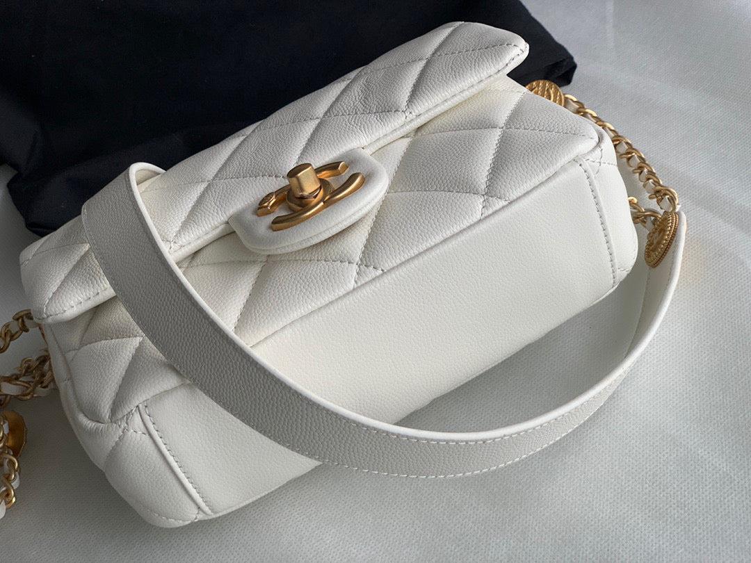 Chanel Small Flap Bag Shiny Calfskin Gold-Tone Metal AS3369 White