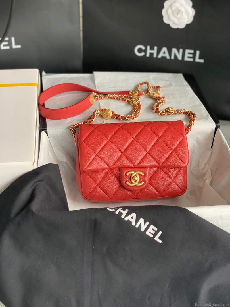 Chanel Small Flap Bag Shiny Calfskin Gold-Tone Metal AS3369 Red