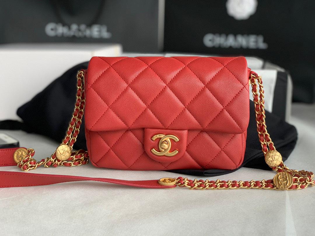 Chanel Small Flap Bag Shiny Calfskin Gold-Tone Metal AS3369 Red