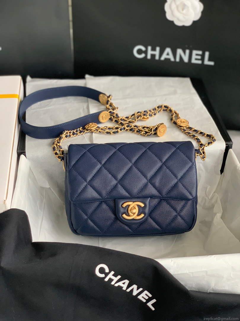 Chanel Small Flap Bag Shiny Calfskin Gold-Tone Metal AS3369 Navy Blue