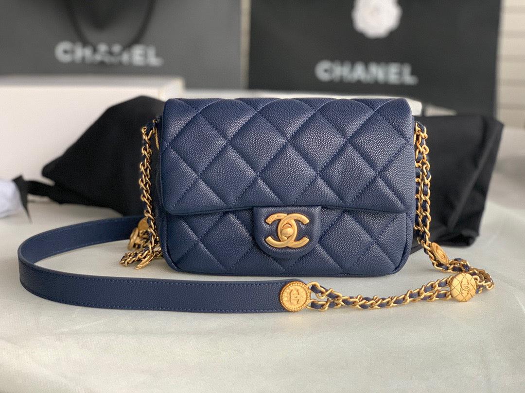 Chanel Small Flap Bag Shiny Calfskin Gold-Tone Metal AS3369 Navy Blue