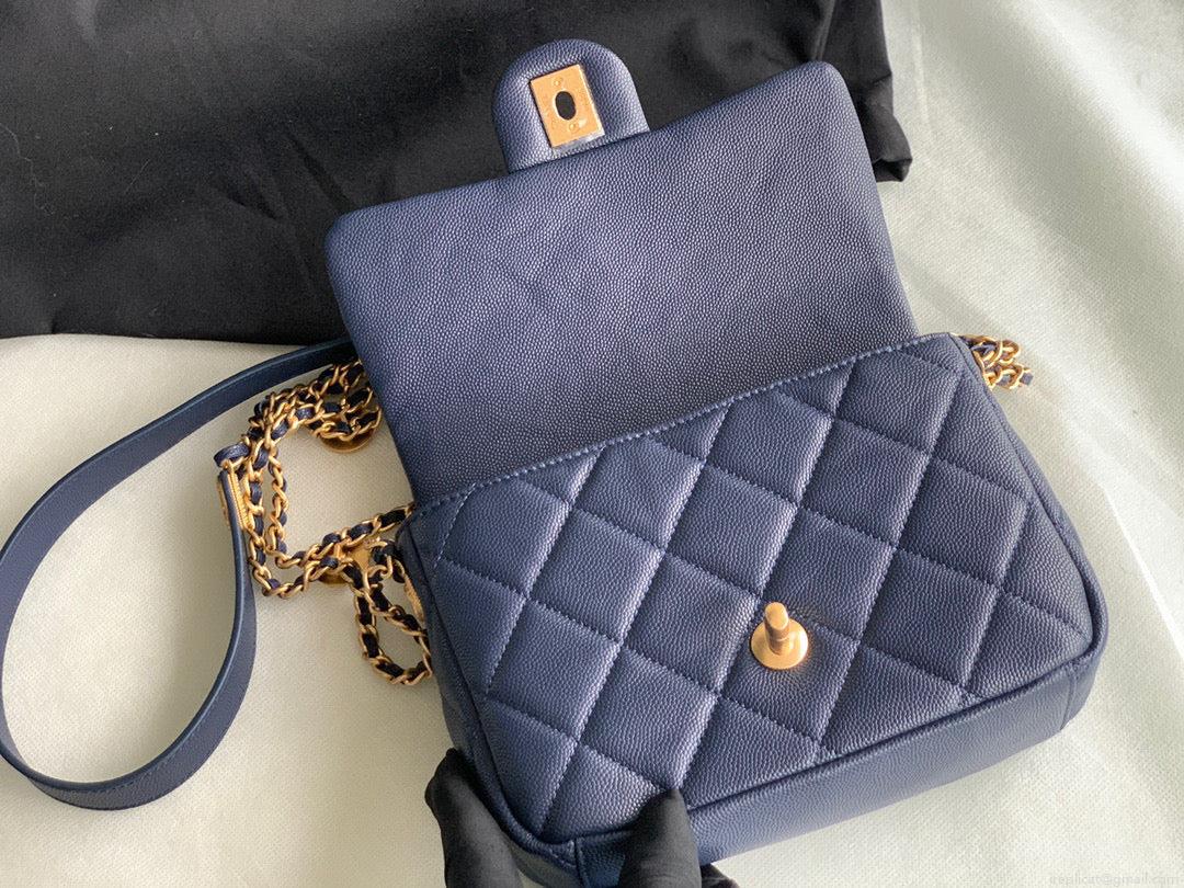 Chanel Small Flap Bag Shiny Calfskin Gold-Tone Metal AS3369 Navy Blue