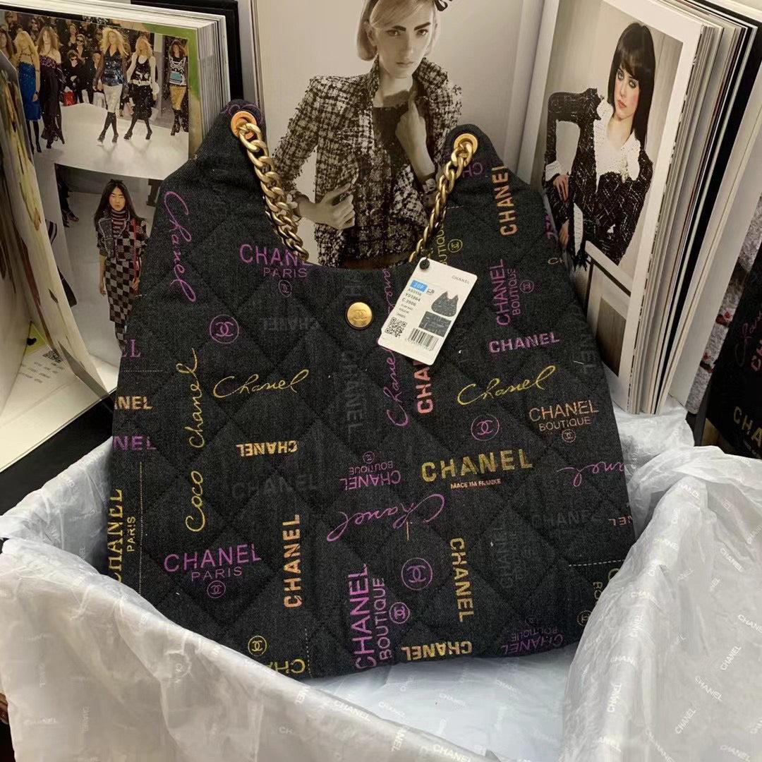 Chanel Maxi Hobo Bag AS3156 Printed denim gold-tone metal Black