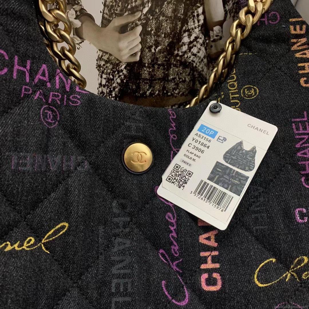 Chanel Maxi Hobo Bag AS3156 Printed denim gold-tone metal Black