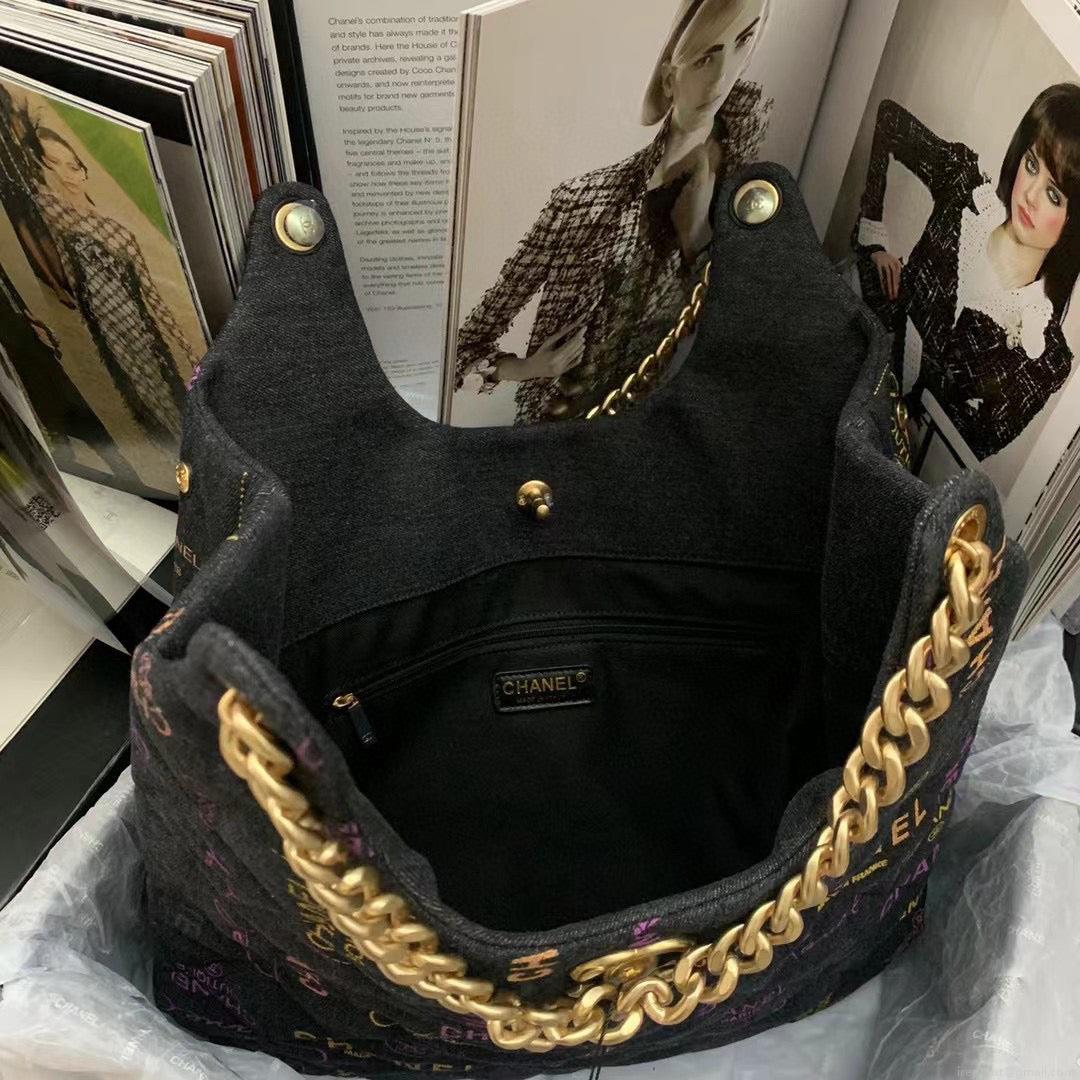 Chanel Maxi Hobo Bag AS3156 Printed denim gold-tone metal Black
