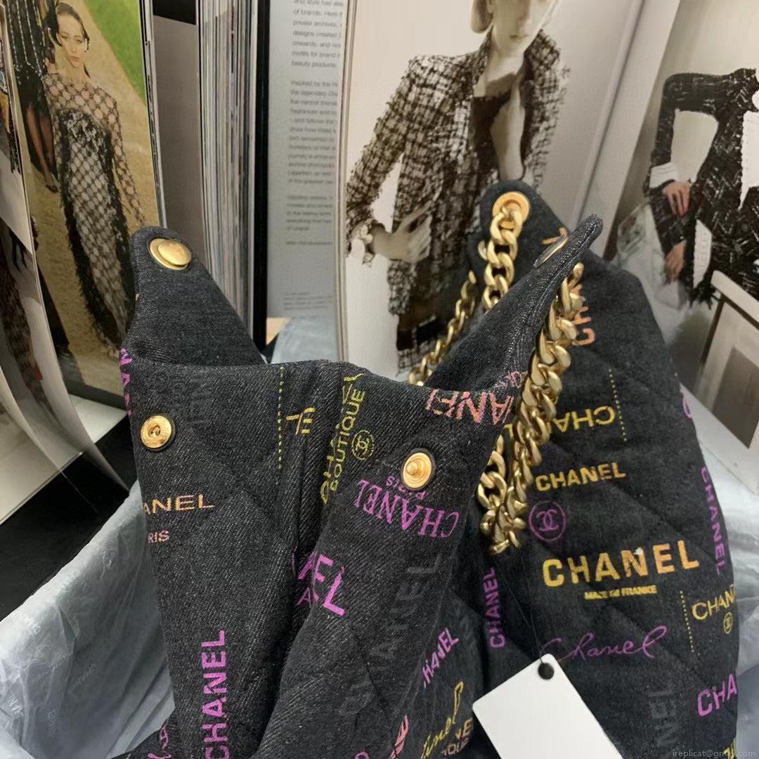 Chanel Maxi Hobo Bag AS3156 Printed denim gold-tone metal Black