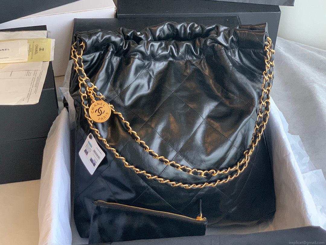 Chanel 22 Large Handbag Shiny Calfskin Gold-Tone Meta AS3262 Black