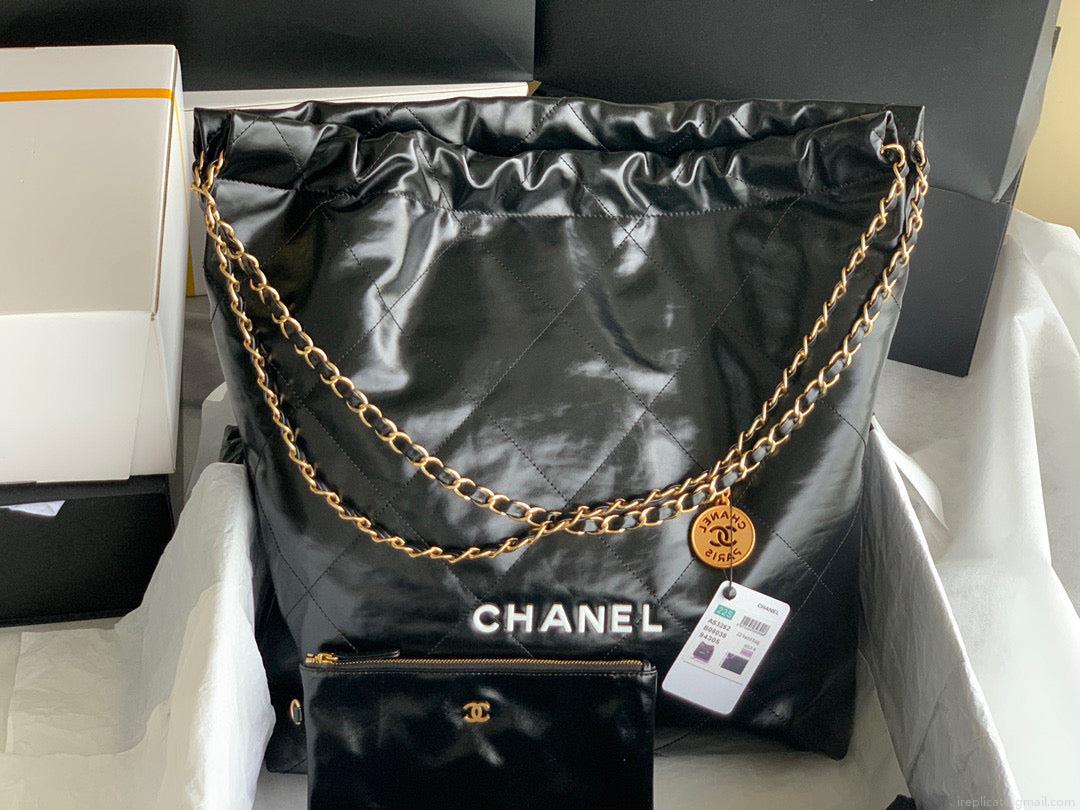 Chanel 22 Large Handbag Shiny Calfskin Lacquered Metal AS3262 Black Logo White