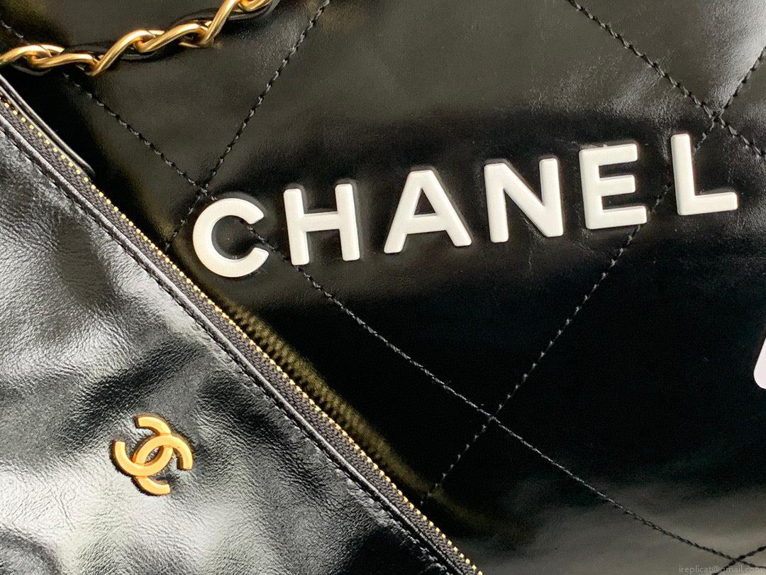 Chanel 22 Large Handbag Shiny Calfskin Lacquered Metal AS3262 Black Logo White