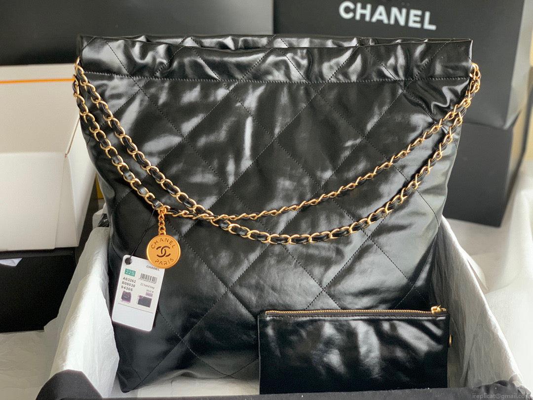 Chanel 22 Large Handbag Shiny Calfskin Lacquered Metal AS3262 Black Logo White