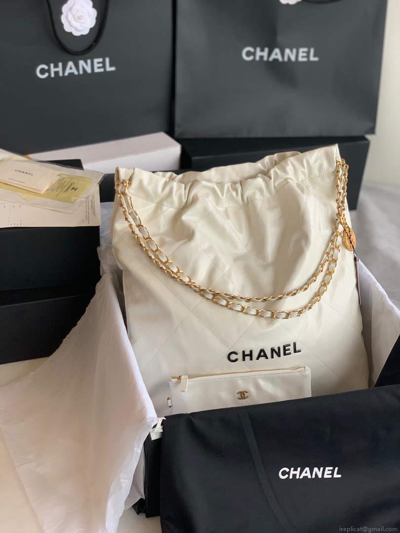 Chanel 22 Large Handbag Shiny Calfskin Lacquered Metal AS3262 White Logo Black