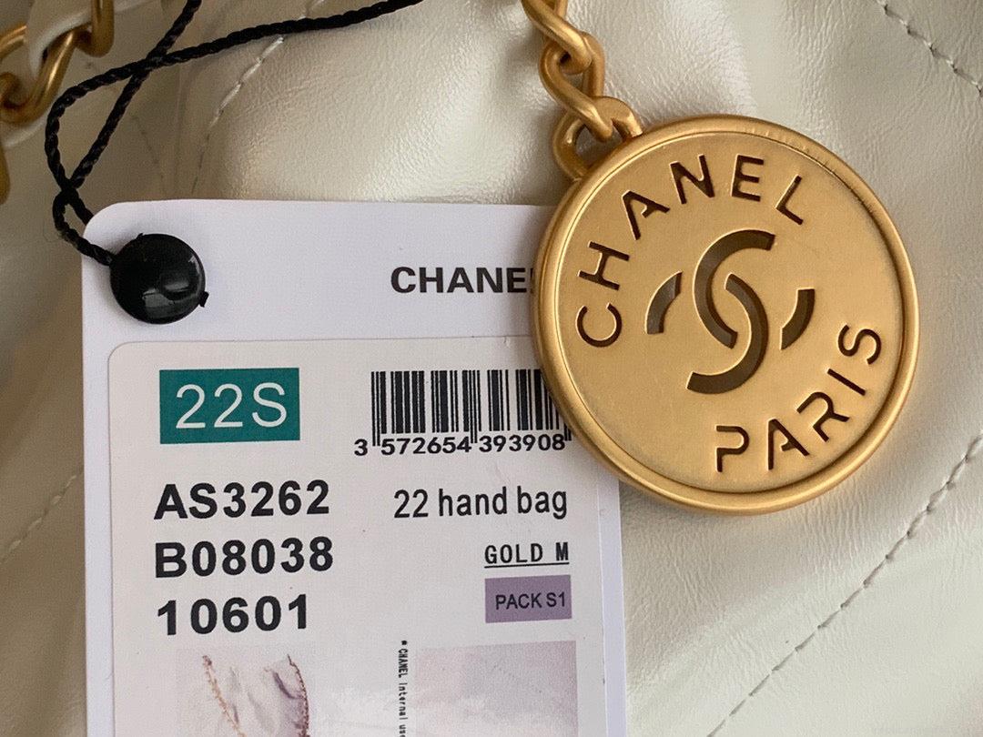 Chanel 22 Large Handbag Shiny Calfskin Lacquered Metal AS3262 White Logo Black