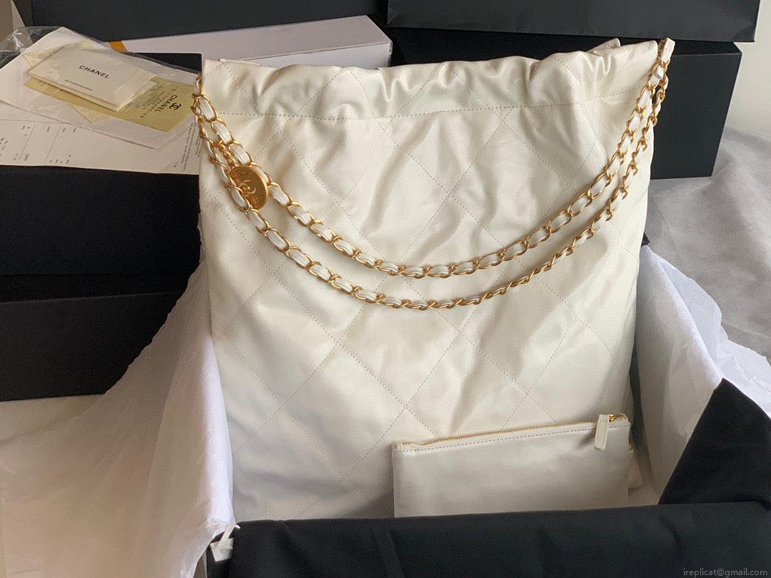 Chanel 22 Large Handbag Shiny Calfskin Lacquered Metal AS3262 White Logo Black