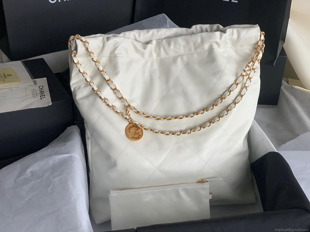 Chanel 22 Large Handbag Shiny Calfskin Gold-Tone Metal AS3262 White