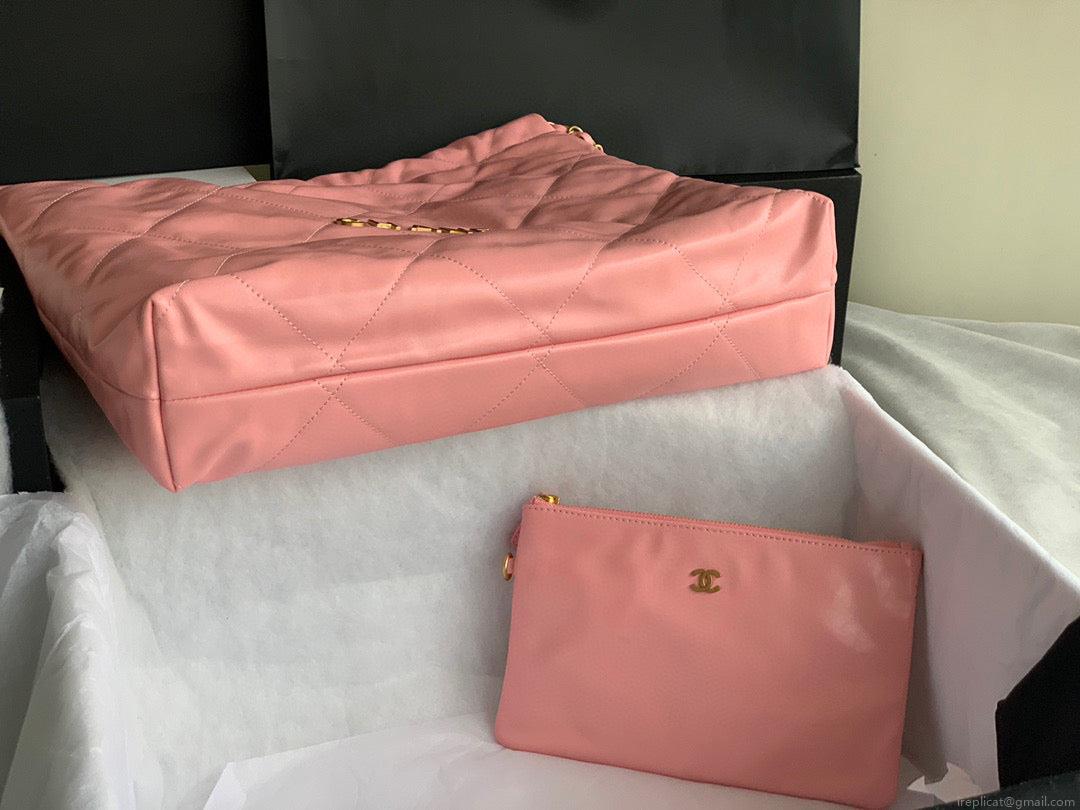 Chanel 22 Large Handbag Shiny Calfskin Gold-Tone Metal AS3262 Pink