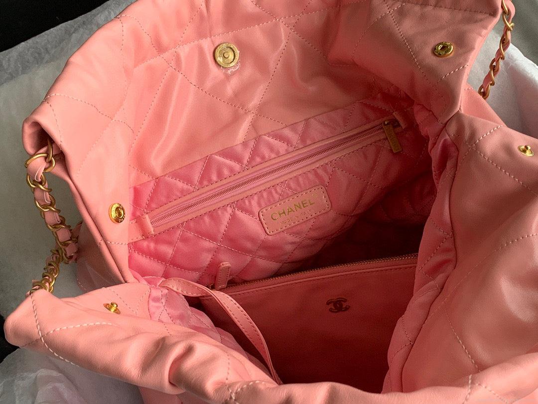 Chanel 22 Large Handbag Shiny Calfskin Gold-Tone Metal AS3262 Pink