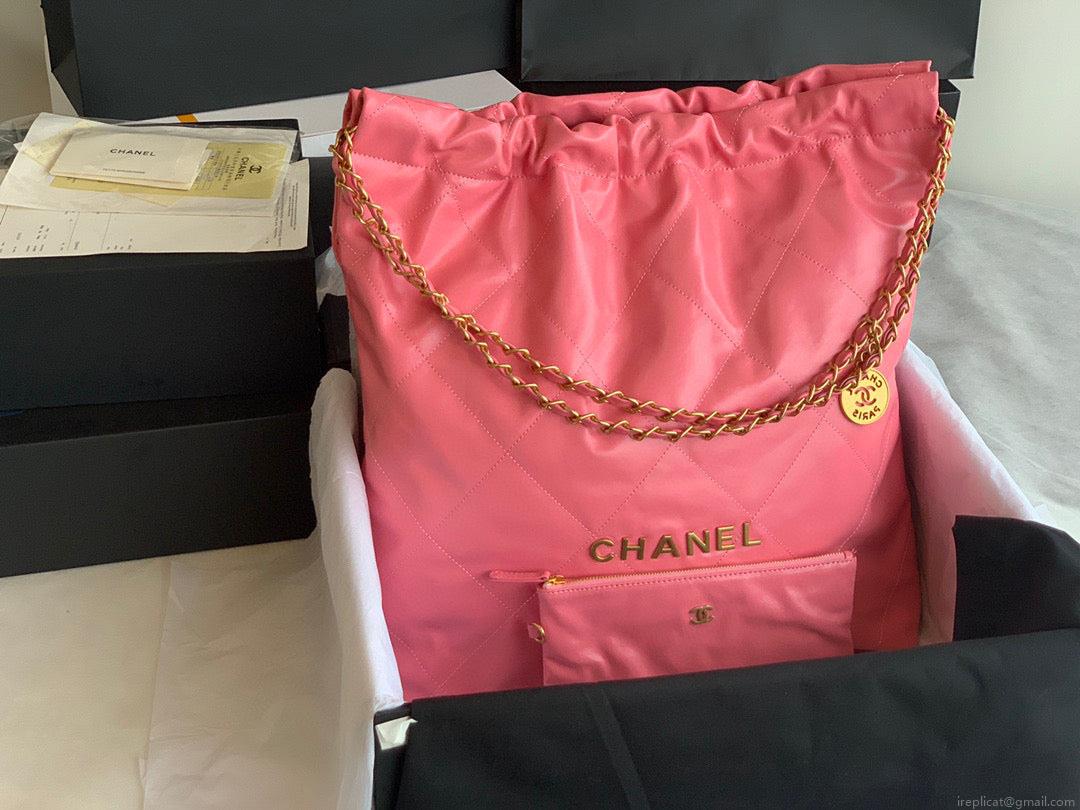 Chanel 22 Large Handbag Shiny Calfskin Gold-Tone Metal AS3262 Coral Pink