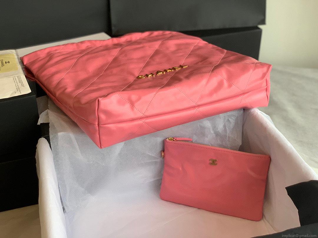 Chanel 22 Large Handbag Shiny Calfskin Gold-Tone Metal AS3262 Coral Pink
