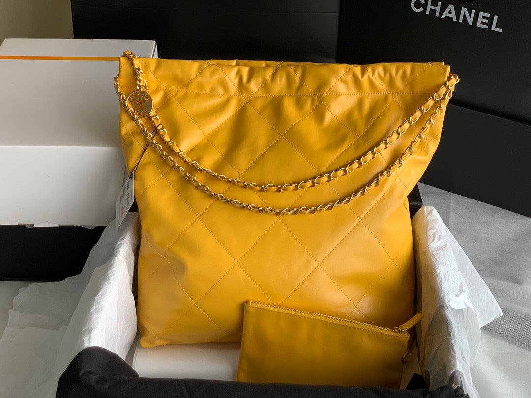Chanel 22 Large Handbag Shiny Calfskin Gold-Tone Metal AS3262 Yellow