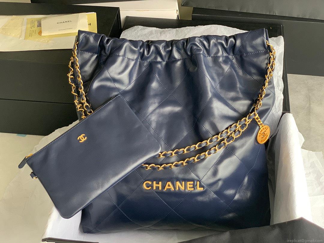 Chanel 22 Large Handbag Shiny Calfskin Gold-Tone Metal AS3262 Navy Blue