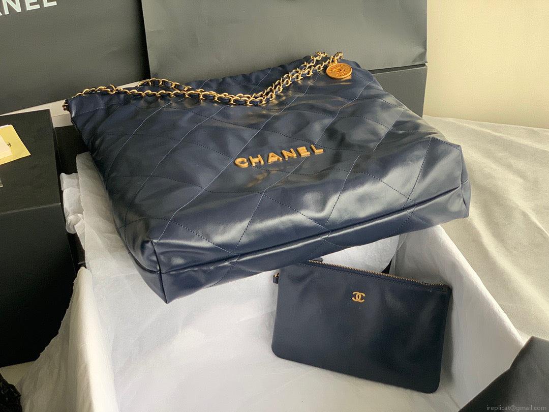 Chanel 22 Large Handbag Shiny Calfskin Gold-Tone Metal AS3262 Navy Blue