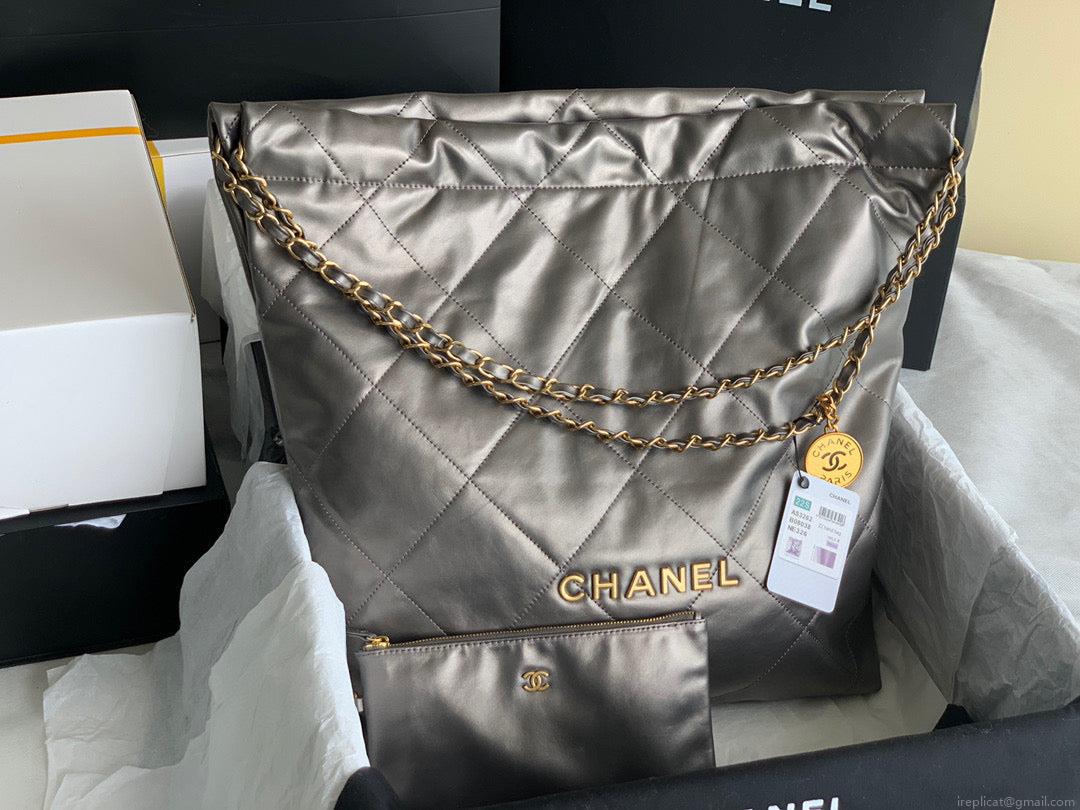 Chanel 22 Large Handbag Shiny Calfskin Gold-Tone Metal AS3262 Ruthenium
