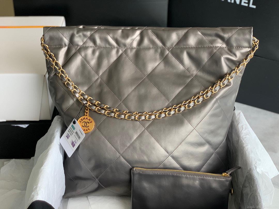 Chanel 22 Large Handbag Shiny Calfskin Gold-Tone Metal AS3262 Ruthenium