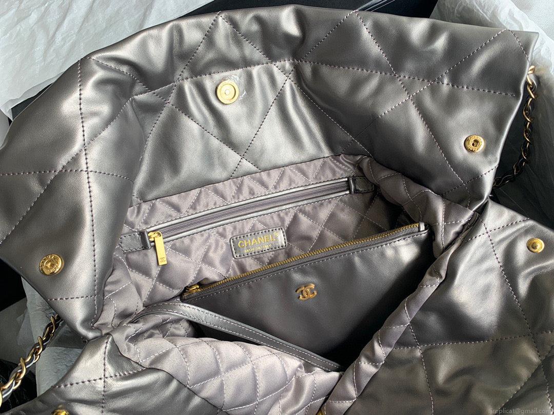 Chanel 22 Large Handbag Shiny Calfskin Gold-Tone Metal AS3262 Ruthenium